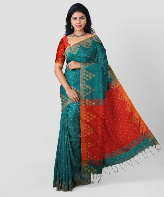 SANTILATA TEXTILE Printed Handloom Cotton Blend Saree(Green)