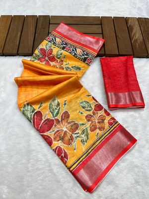 FULIYA SILK Printed, Graphic Print, Floral Print, Blocked Printed, Digital Print Hand Batik Linen Saree(Multicolor)