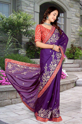 Aksh Fashion Embroidered Bollywood Georgette Saree(Purple)