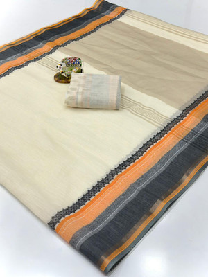 SDGRATITUDE Floral Print, Striped, Printed Daily Wear Cotton Linen, Linen Saree(White)