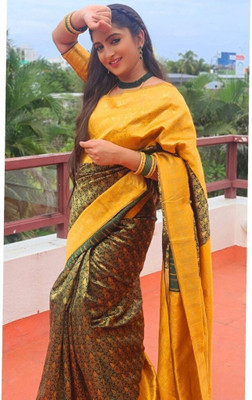 Rudr Ventures Embroidered Banarasi Silk Blend Saree(Green)