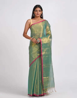 SutaSari Solid/Plain Saree with Attached Blouse Tissue Saree(Green)