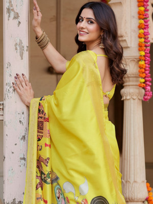 ZAMUNA Digital Print, Floral Print, Woven, Animal Print Banarasi Tussar Silk, Linen Saree(Yellow)