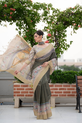 AWRIYA Printed Handloom Handloom Tussar Silk Saree(Grey)