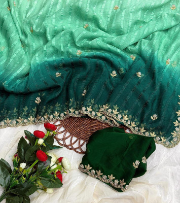 Aquiliq Solid/Plain, Embroidered Bollywood Chiffon, Silk Blend Saree(Green)