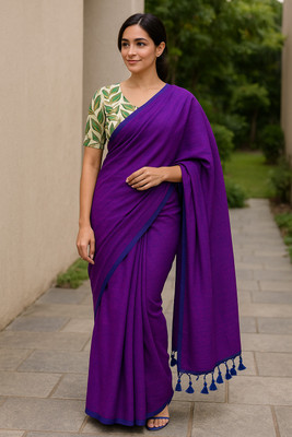 SMRITI HANDLOOM Solid/Plain Handloom Handloom Pure Cotton Saree(Purple)