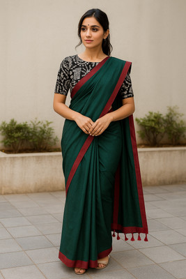 SMRITI HANDLOOM Printed Kalamkari Handloom Pure Cotton Saree(Green, Black)