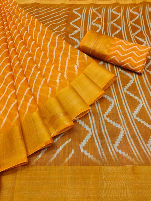 Pehnaavaaa Printed Chanderi Cotton Blend Saree(Yellow)