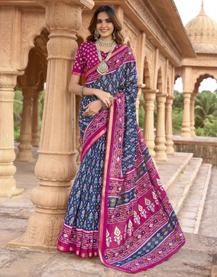 Satrani Printed Daily Wear Cotton Blend Saree(Blue)