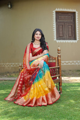 KOTHARI SKT Solid/Plain Bandhani Organza Saree(Red, Multicolor)