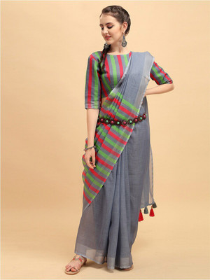 Sangria Printed Daily Wear Linen Saree(Grey)