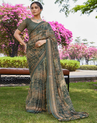 Samah Geometric Print, Printed Daily Wear Georgette Saree(Green, Multicolor)