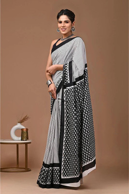 Tetarwal Striped Daily Wear Pure Cotton Saree(Black, White)
