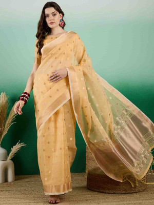 Blissta Self Design Banarasi Organza Saree(Yellow)