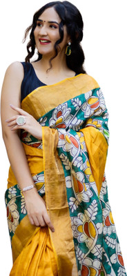 Rashmiwala Floral Print Daily Wear Tussar Silk Saree(Mustard, Blue)