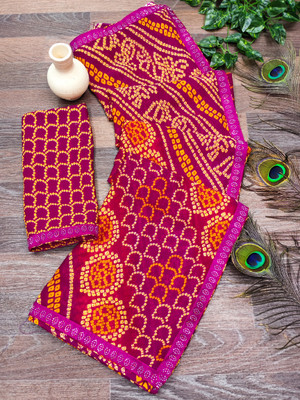 Anand Sarees Printed Saree with Attached Blouse Georgette, Lace Saree(Pink)