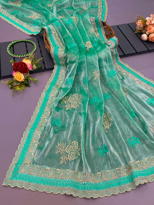 KanjiQueen Self Design, Embellished Bollywood Pure Silk, Organza Saree(Light Green, Gold)