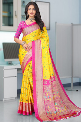 Vini Enterprises Printed Narayanpet Crepe Saree(Yellow)