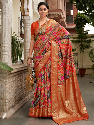 Tasrika Printed Banarasi Tussar Silk Saree(Orange)