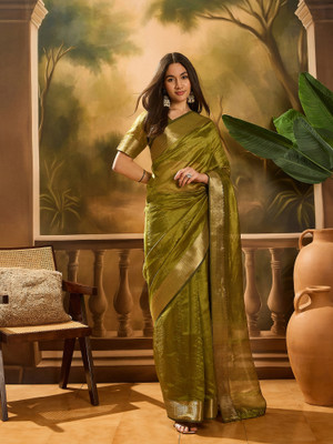 Sangria Embellished Saree with Attached Blouse Organza Saree(Green)