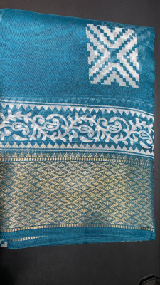 SV BRIDAL Printed, Geometric Print, Woven Chettinadu Cotton Linen Saree(Blue)