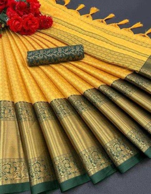 HetavyaCreation Woven Banarasi Cotton Silk Saree(Yellow)