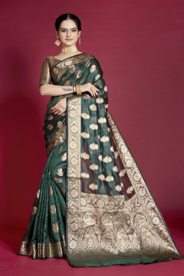SHRIMAY Embellished, Polka Print, Solid/Plain Bollywood Net, Organza Saree(Dark Green)