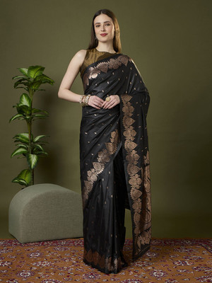 SHREEKHODIYARST Woven Banarasi Jacquard, Pure Silk Saree(Black)
