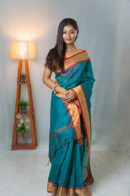MAHAKAL ENTERPRISE Self Design Pre Draped Saree Cotton Blend Saree(Dark Green)