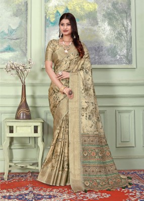 ishika fab Floral Print Banarasi Tussar Silk Saree(Beige)