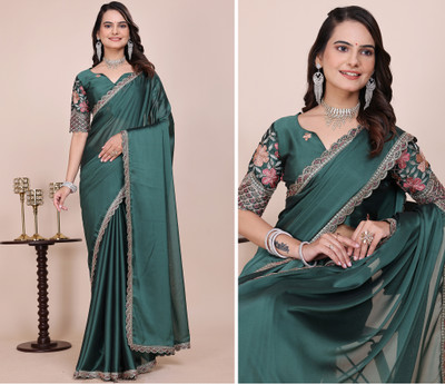 niesha fashion Embroidered, Solid/Plain Bollywood Chiffon Saree(Dark Green)