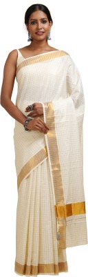 Teejh Self Design Kasavu Cotton Blend Saree(White)