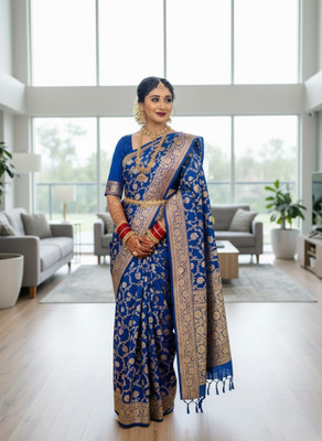 Shop Deals Floral Print, Woven, Embellished Banarasi Silk Blend Saree(Blue)