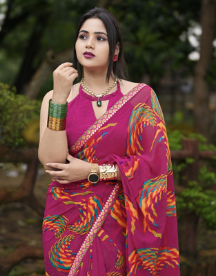 Samah Printed, Embellished Daily Wear Georgette, Chiffon Saree(Pink, Multicolor)