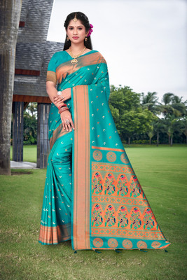 Rinkoo fashion Printed Chanderi Silk Blend Saree(Light Blue)