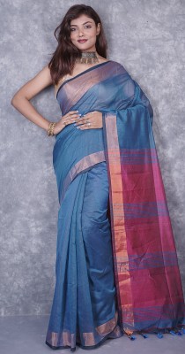 Tapan Textiles Striped Handloom Cotton Blend Saree(Light Blue)