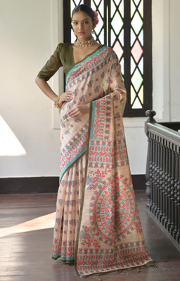 Tasrika Printed Madhubani Tussar Silk Saree(Beige, Light Green)