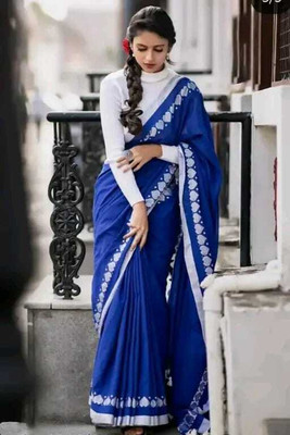 ROONG DHAGAA Solid/Plain Handloom Cotton Blend Saree(Blue)