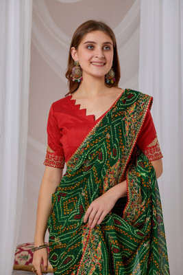 sareya veela Printed Bandhani Georgette Saree(Green)