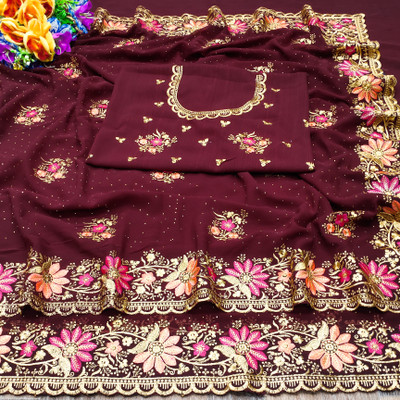 MIYANIFAB Embroidered Bollywood Georgette Saree(Brown)