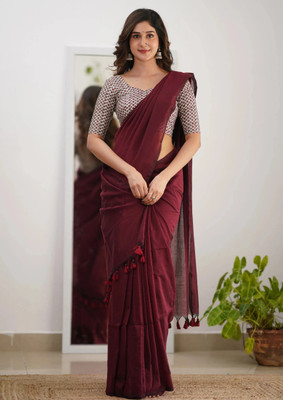 JHILUU Solid/Plain Handloom Cotton Blend Saree(Maroon)