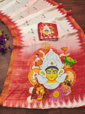 Hema Silk Mills Digital Print Handloom Silk Blend Saree(Red, Cream)