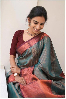 HouseOfCommon Striped Banarasi Pure Silk Saree(Green)