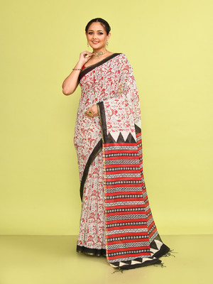 Sprish Printed Tant Pure Cotton Saree(White)