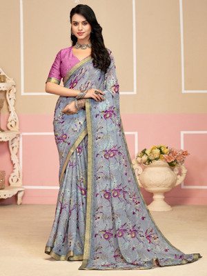 Divastri Floral Print, Geometric Print, Digital Print, Printed Bollywood Chiffon Saree(Grey)