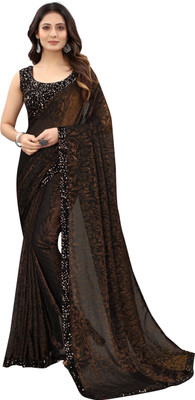 AKFABRICS Floral Print Bollywood Lycra Blend Saree(Brown)