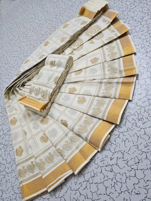 Kjs Printed Kasavu Pure Cotton Saree(Beige)