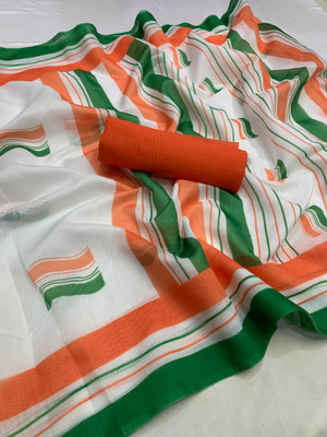 2SD gratitude Printed, Self Design, Solid/Plain, Digital Print Chanderi Chanderi Saree(White)