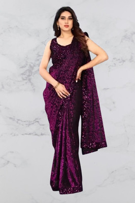 Vragi Embroidered Bollywood Lycra Blend Saree(Purple)