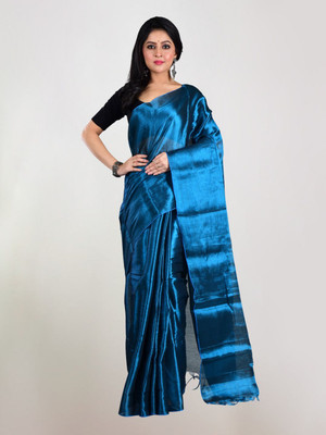 Shaw Creation Solid/Plain Handloom Handloom Tissue Saree(Blue)